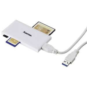 Hama 181017 Cititor de carduri USB 3.0, alb, cu carduri de memorie introduse, vedere din unghi - Cititoare de carduri USB-C