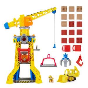 Rubble & Crew Bark Yard Crane Tower playset, featuring a crane tower, Rubble the construction pup, a small excavator, and building blocks - Plastic Building Toy
