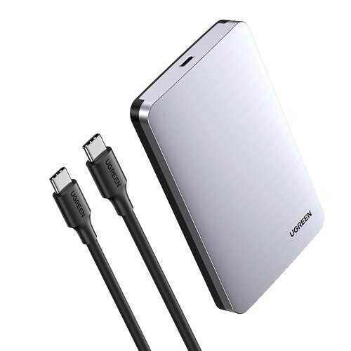 Ugreen CM300 2,5 hüvelykes SATA SSD ház, elülnézet, ezüst színben, két USB-C - USB-C kábellel