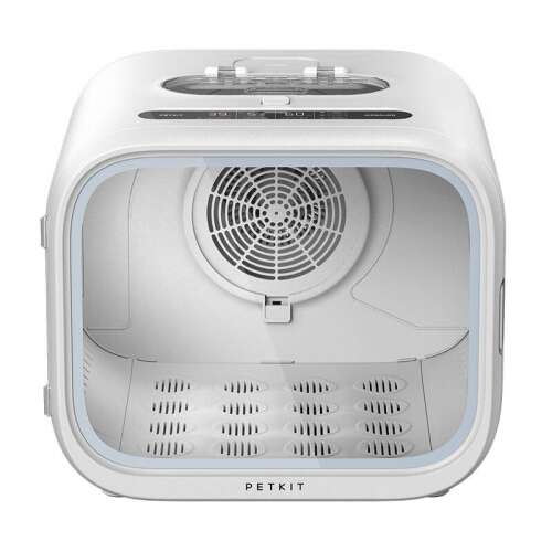 Inteligentný sušič pre domáce zvieratá PetKit AIRSALON Max Pro, pohľad spredu, otvorené dvere, zobrazujúce interiér s ventilátorom a vetracími otvormi