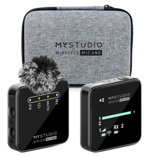 MyStudio Wireless Mic Uno 2.4GHz mikrofon rendszer, lavalier mikrofon és vevő, elülső és hátsó nézet, hordtáskával - Easypix