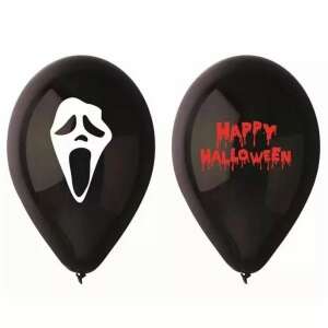 Schwarze Halloween-Ballons mit Scream-Maske und Happy Halloween-Schriftzug - Luftballons