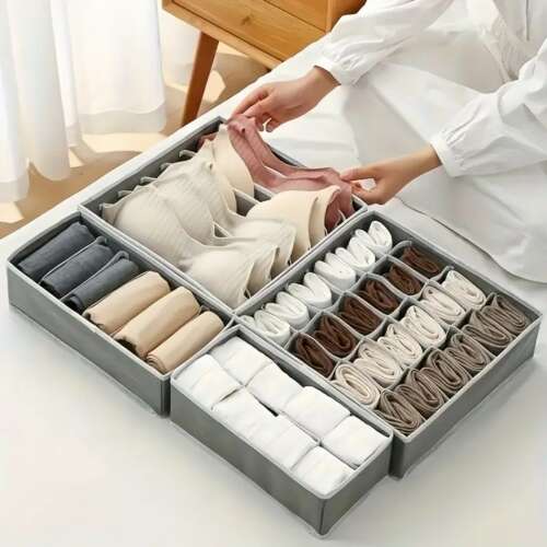 Grey and white underwear drawer organizer set of 4, for bras, socks, and other accessories