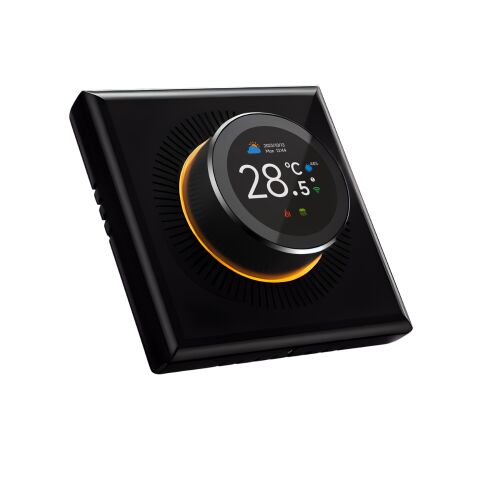 Black smart thermostat with rotary control, digital display, and ambient light ring