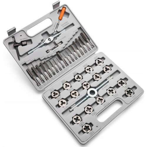 SPARTA 40 részes menetfúró és menetvágó szett belső és külső menetek vágására M3-tól M12-ig, tartalmaz menetfúrókat, menetvágókat és egy menetfúró kulcsot