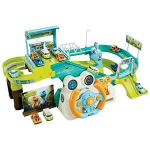 Interactive Dinosaur Track Car Racing Set with Steering Wheel, Toy Car Track, Dinosaur Theme, Kids Playset - Motorway & Parking Garage