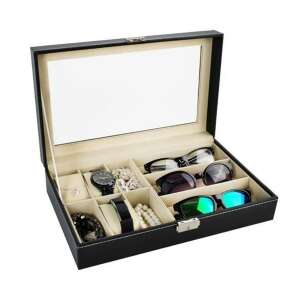 9 rekeszes óra és szemüveg rendező doboz - fekete
