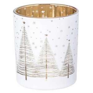 Fehér üveg mécsestartó arany karácsonyfa mintával, 9x10 cm - Mécsestartó