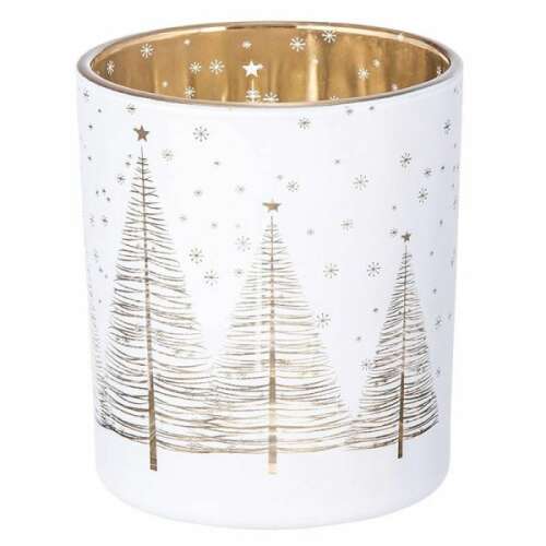Fehér üveg mécsestartó arany karácsonyfa mintával, 9x10 cm