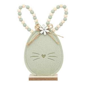 Zöld filc húsvéti nyuszi tojás dekoráció fa gyöngyös fülekkel és virággal a tetején - Szezonális dekoráció