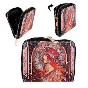 Mucha Zodiák cipzáras pénztárca, fekete műbőr, piros és arany mintával, 3/4 nézet - Mucha
