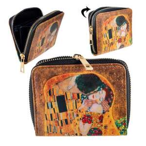 Klimt A csók mintás műbőr cipzáras pénztárca, fekete és arany színben, kis pénztárca, kompakt pénztárca, női pénztárca - Klimt