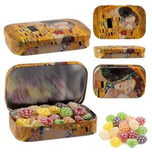 Klimt A Csók fémdoboz gyümölcsös ízű cukorkákkal, a híres festmény a fedőn - Klimt