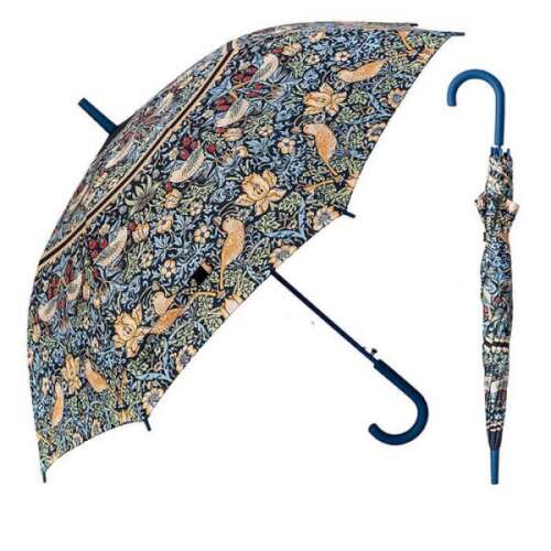 William Morris Strawberry Thief esernyő, 100 cm, kék nyél, nyitott és zárt nézet