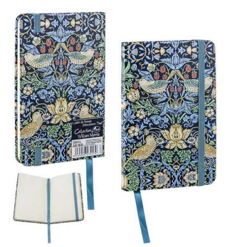William Morris Strawberry Thief mintás notesz, 14x9 cm, gumiszalaggal záródó, 80 oldal, kék szalag könyvjelzővel