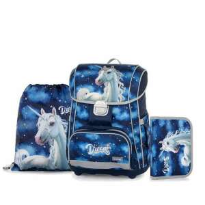 Unikornis Dreams OXY BAG iskolatáska szett lányoknak, kék színben, unikornis mintával, tartalmazza az iskolatáskát, a tolltartót és a tornazsákot - Oxybag