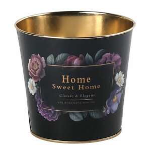 Fekete fém virágcserép arany szegéllyel és virágmintával, 'Home Sweet Home' felirattal, 13,3x11,5 cm - Home