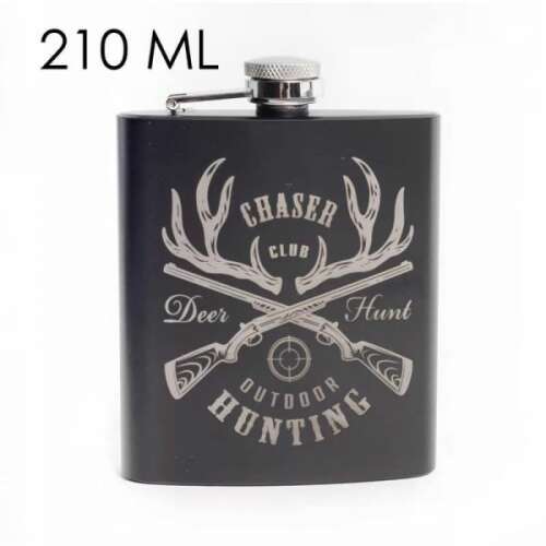 Fekete fém kulacs szarvasagancs és puska mintával, Chaser Club Deer Hand Outdoor Hunting felirattal, 210 ml