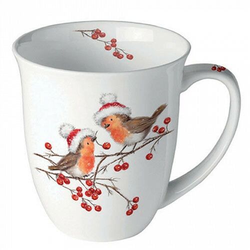 Ambiente Karácsonyi Vörösbegyes Bögre - 400ml porcelán bögre vörösbegy és bogyó mintával - Bögre