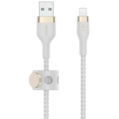 Cablu Belkin Boost Charge Pro Flex USB-A la Lightning, alb, 1 metru, management magnetic al cablului