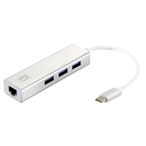 Adaptor Ethernet LevelOne USB-0504 cu 4 porturi USB, port RJ45 și conector USB-C