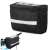 Black handlebar bike bag with phone holder, waterproof, reflective stripe, front and side view