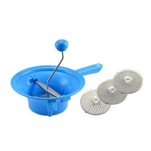 Kék műanyag paradicsompasszírozó három rozsdamentes acél tárcsával