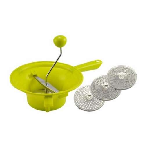 Zöld műanyag paradicsompasszírozó három cserélhető tárcsával paradicsom és zöldség pürésítéshez