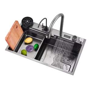 Multifunctional kitchen sink with waterfall faucet, digital temperature display, knife holder, and glass washer, gray graphite color, 750x460mm - Kitchen Sink