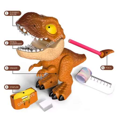 Dinoszauruszos írószer készlet ceruzahegyezővel, vonalzóval, tűzőgéppel, radírral és ceruzával