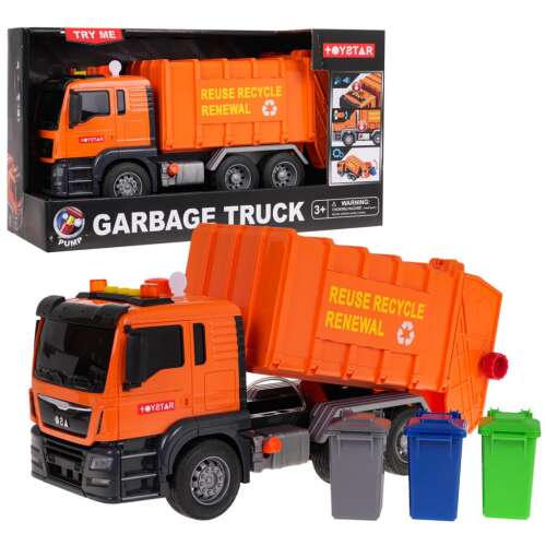 Camion de gunoi portocaliu ToyStar cu sunet și accesorii, despachetat