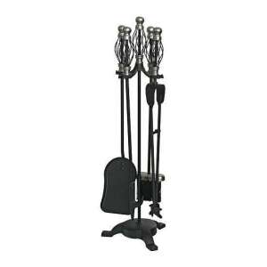 Black fireplace tool set with nickel accents, 4 piece stand, 66 cm - Fireplace & Stove