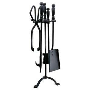 Black fireplace tool set with stand, includes poker, shovel, brush, and tongs - Fireplace & Stove