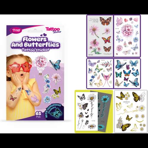 Collage of Tycoo Flowers and Butterflies temporary tattoo sheets, showing different designs and a child wearing the tattoos
