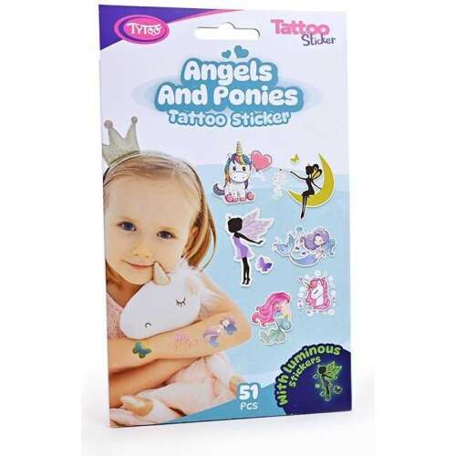 51 piece temporary tattoo sticker set for kids, featuring angels, ponies, and mermaids, with glow-in-the-dark and metallic designs