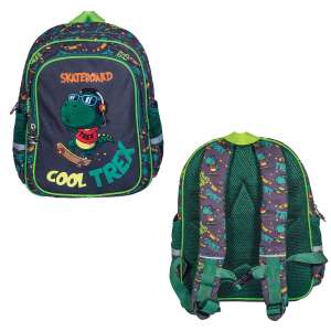 Cool Trex kindergarten backpack, blue with green accents, featuring a dinosaur on a skateboard, front and back view - Preschool Backpack, Bag