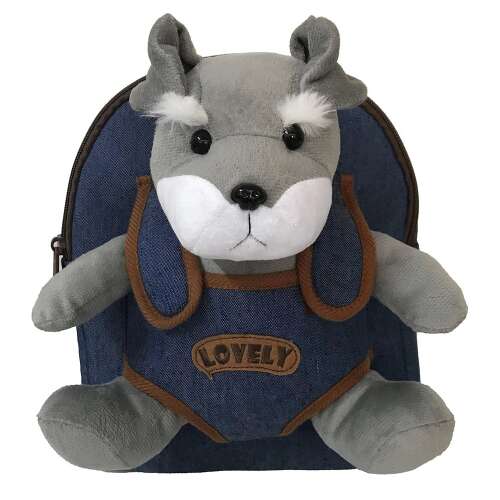 Daemi kutyás hátizsák gyerekeknek, kék farmer, plüss kutyás játékkal