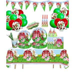 147-piece Farm Animal Party Set for 10 Kids: Banners, Tablecloth, Napkins, Cups, Plates, Kites, Straws, Hats, Spoons, Forks, Knives 109337382 - Party Tableware