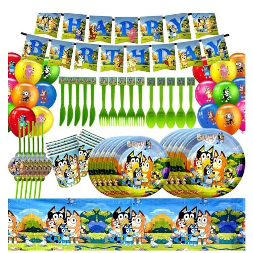 Bluey Party Tableware Set for 10 Children, 127 pcs, including flags, tablecloth, napkins, cups, plates, straws, spoons, forks, knives + balloons, blue and green 109337387