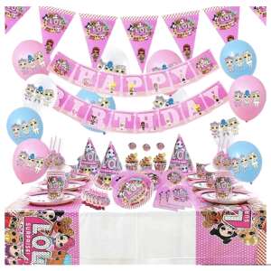 LOL Surprise Party Tableware Set for 10 Kids, 128 pcs, including flags, tablecloth, straws, hats, napkins, cups, plates, spoons, forks, knives + balloons, Pink 109337408 - Party Supply