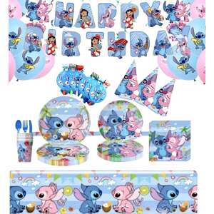 Set de articole pentru petrecerea Lilo & Stitch pentru 10 copii, include față de masă, șervețele, farfurii, pahare, pălării, linguri, furculițe, cuțite, baloane, banner și cadouri pentru petrecere - Fate de masa de petrecere