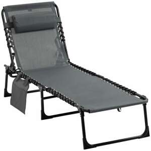 Gray metal folding adjustable lounge chair with headrest, side pocket, and 5 reclining positions, Chan - Art