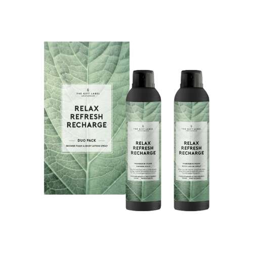 The Gift Label Relax Refresh Recharge Duo Pack, tusolóhab és testápoló spray, pézsma és mandarin illat, vegán, szulfátok és színezékek nélkül