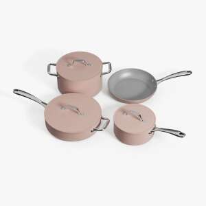 Ciarra Beyond Cookware Collection, set de 4 piese de vase, culoare Sakura Candy, include o tigaie, o tavă de copt, o oală și o tigaie înaltă, acoperire interioară ceramică, material din aluminiu, compatibil cu toate sursele de căldură, lavabilă în mașina de spălat vase, ergonomică - Bucătărie & Servirea mesei
