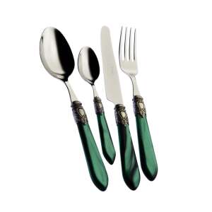 Set tacâmuri Casa Bugatti Oxford, design vintage, finisaj argintiu antic, mâner verde sidefat - Seturi de tacâmuri