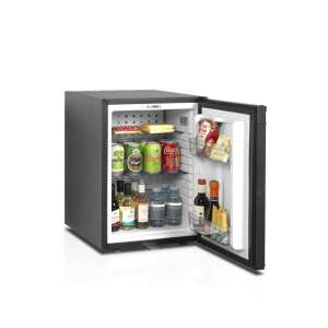 Refrigerator minibar TEFCOLD TM45C, negru, 34 litri, ușă deschisă, rafturi interioare, iluminare LED, ideal pentru camere de hotel, birouri și alte spații - Mini-frigidere
