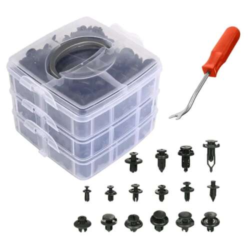 Set de 625 cleme auto cu instrument de îndepărtare, dimensiuni și tipuri variate, cleme din plastic negru într-o cutie de depozitare din plastic transparent
