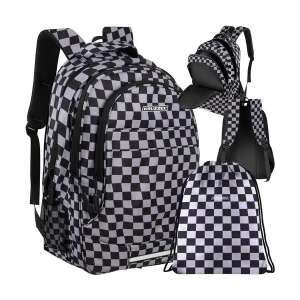 Kariertes Rucksack-Set mit Schuhbeutel, schwarz-weiß, 22L, Marke Kruzzel - Schulranzen-Set