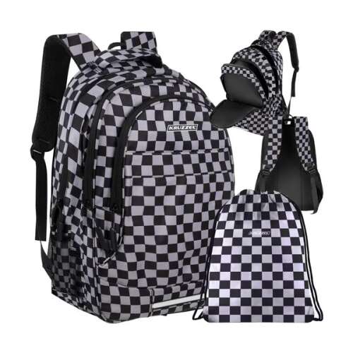 Kariertes Rucksack-Set mit Schuhbeutel, schwarz-weiß, 22L, Marke Kruzzel