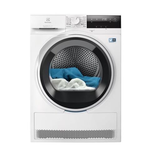 Elölnézet az Electrolux EW8D394ME hőszivattyús szárítógépről ruhákkal a belsejében